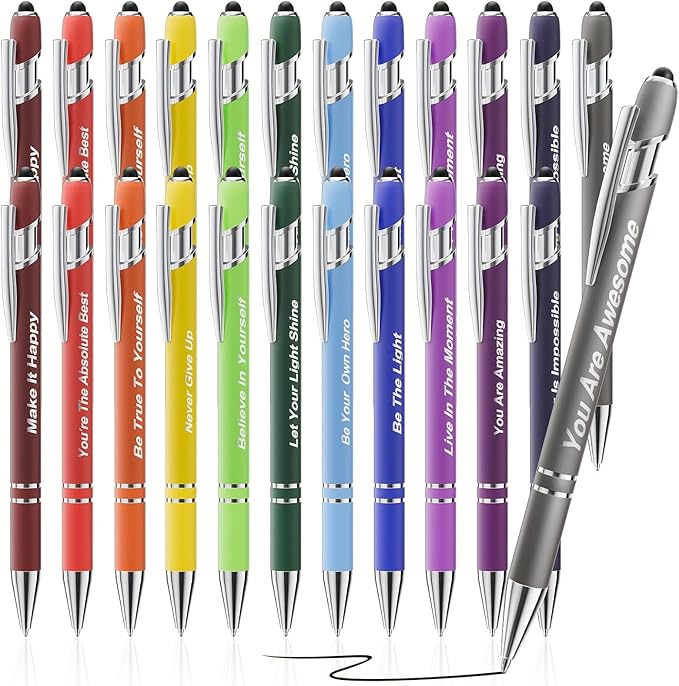 24 Pcs Inspirational Pens Bulk, Motivational Pens Ballpoint with Stylus Tips, Ink Pens 0.5mm Smooth Writing Pens Fine Point of Black Ink, 12 Colors with Gift Box for Staff, School, Office