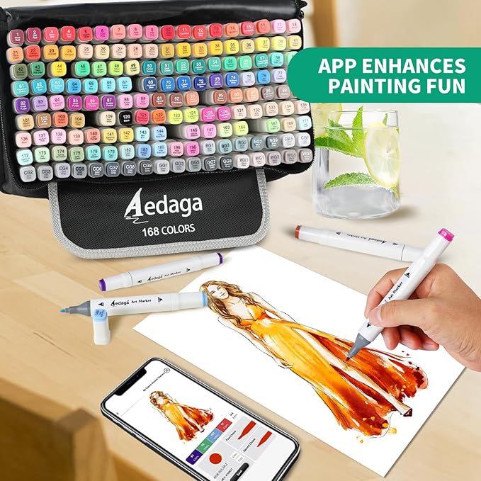 168 Colors Alcohol Markers with Free App, Dual Tip Art Markers with Kickstand Case for Artists Adults and Kids. Alcohol Based Marker for Coloring Painting Sketching and Drawing, Great Gift