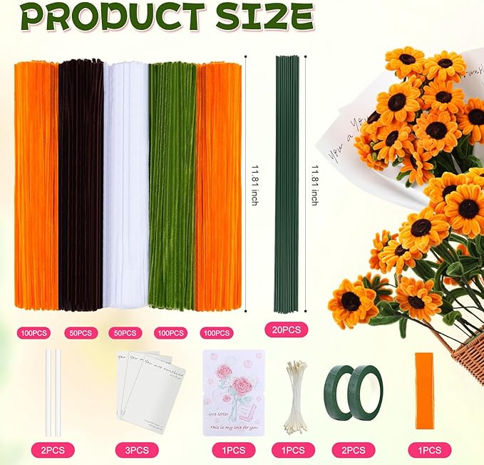 400 Pieces Craft Pipe Cleaners Bulk,Floral Stems for Pipe Cleaner Flowers with Floral Wires, Gardening Tape,Hot Glue Stick,Greeting Card,Bouquet Paper, Stamen & Ribbon,Festival Gifts for Kid,Adult