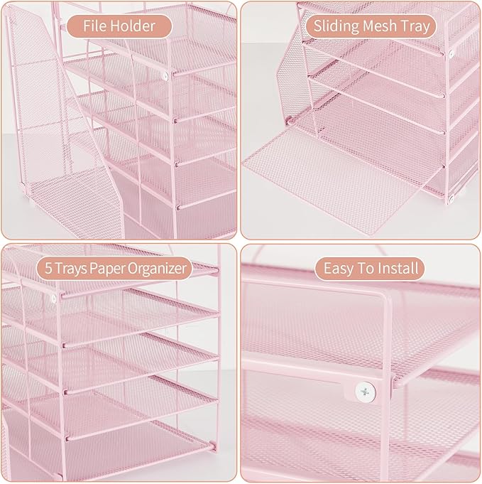 AUPSEN Desk File Organizer, 5-Tier Paper Letter Tray with File Holder Multifunction Office Supplies and Accessories for Office School Home (Pink)
