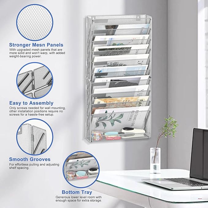 EasyPAG 11 Tier Wall File Holder with Flat Tray, Silver | Easy Assemble Mesh Desk File Organizer | 10-Folder Paper Storage | Replaceable Classify Labels | Space Saving Mail Organizer for Office Home