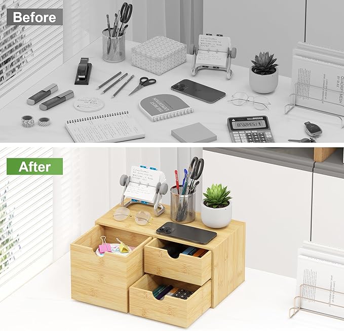 Desk Organizer With Drawers - Bamboo Wood Desktop Mail Organizer Storage Box for Office Home Bathroom Vanity Dresser Top, No Assembly Required (3 Drawer with Big Drawer)