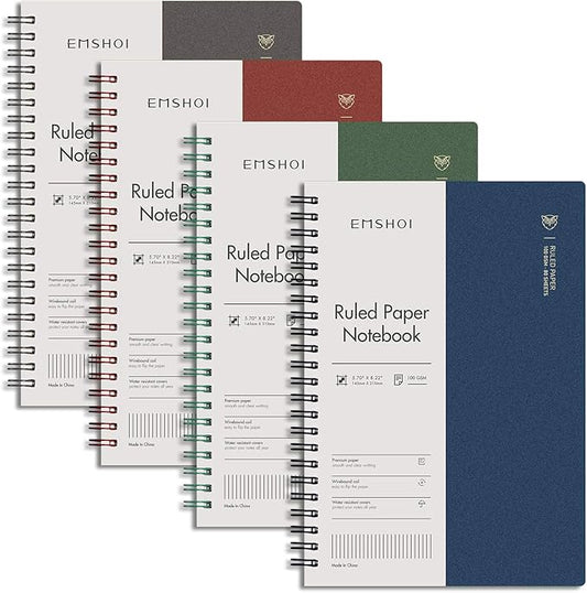 EMSHOI Lined Journal Spiral Notebook 5.7" x 8.22" - 4 Pack 640 Pages 100gsm Thick Paper, A5 Small Notebooks College Ruled, Plastic Hardcover Journals for Writing Women Men Work School Supplies