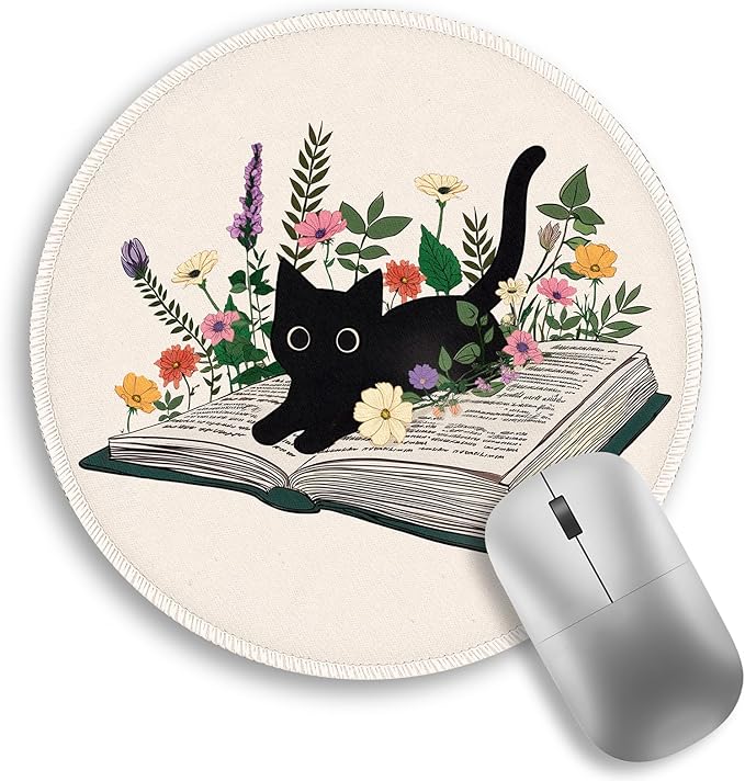 Book Black Cat Floral Flowers Mouse Pad, Small Round Mousepads for Desk, Mini Travel Mouse Mat for Wireless Computer Laptop, Work Office Desk Accessories, 8.6 x 8.6 inch