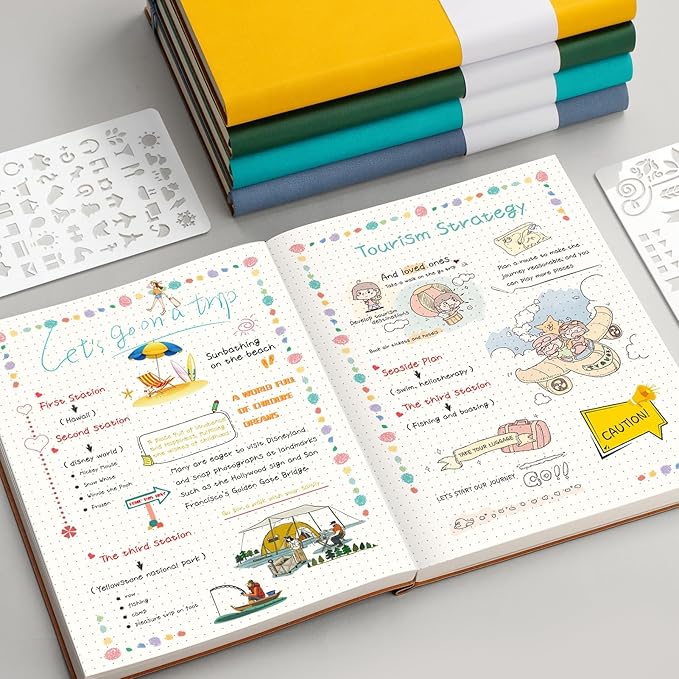 AHGXG Bullet Dotted Journal - 320 Pages Dot Grid Notebook B5 Large Journal, 7.6'' X 10'', 100gsm Thick Dotted Paper, Leather Softcover, with Journal Stencils, Inner Pocket - Cyan