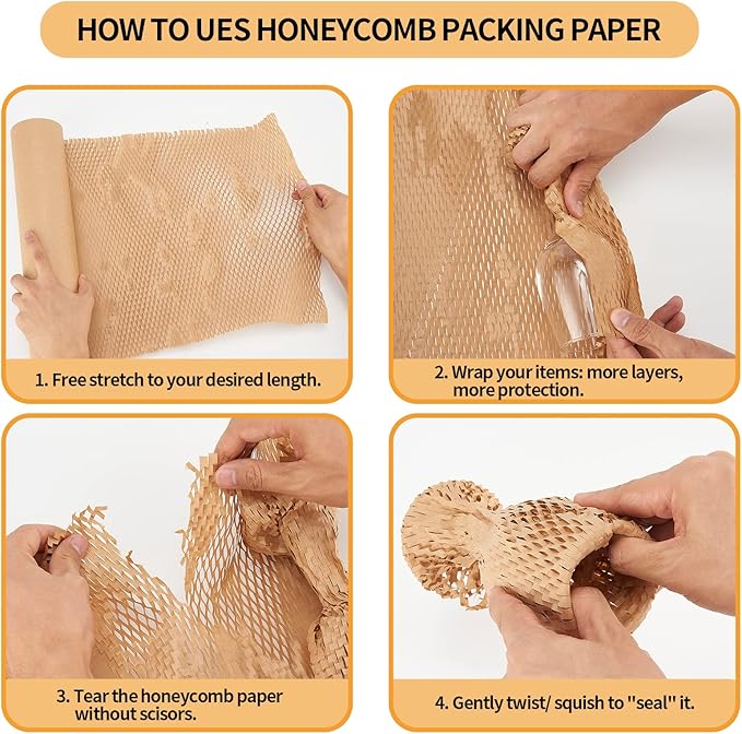 Honeycomb Packing Paper, HONSREO 15 Inches x 230 Feet Eco Friendly Recyclable Cushioning Material, Bubble Wrap for Moving Shipping Breakable Supplies with 20 Fragile Sticker Lables (Brown)