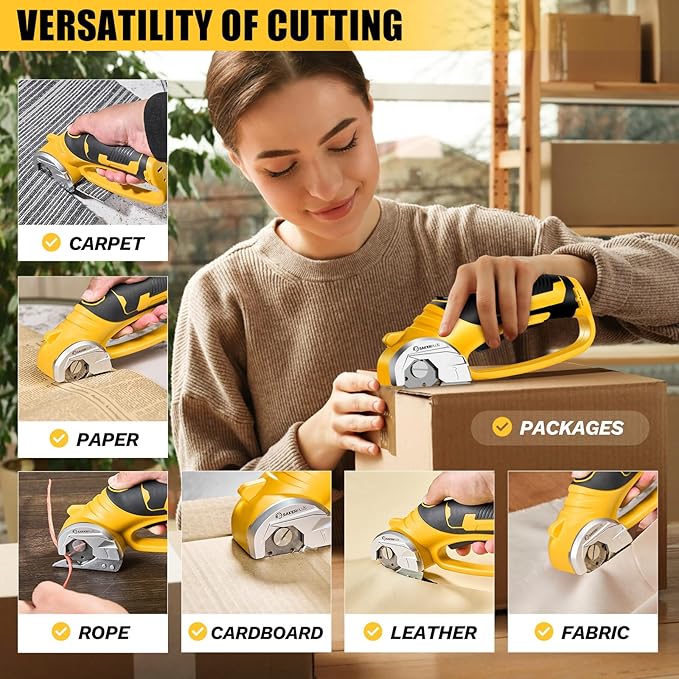 Cordless Electric Scissors, 4V Cardboard Cutter, Box Cutter - 2 Blades, 1 Storage Bag, Safety Lock & LED Light, Rechargeable Power Rotary Cutter for Box Carpet Fabric Plastic Leather