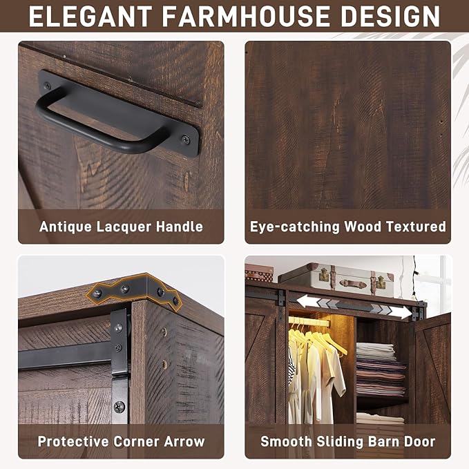 Farmhouse 4 Doors Armoire Wardrobe Closet w/Folding Sliding Barn Door and Lights, LED Armoire Closet w/Drawers for Bedroom, Freestanding Wooden Wardrobe Storage Closets w/Hanging Rod,Rustic Brown