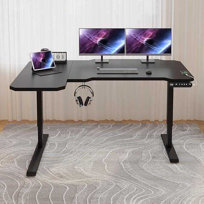 Electric Height Adjustable Standing Desk, 59 L-Shaped Sit - Stand Desk for Work or Home Office Push Button Memory Settings Black Splice Board/Black Frame