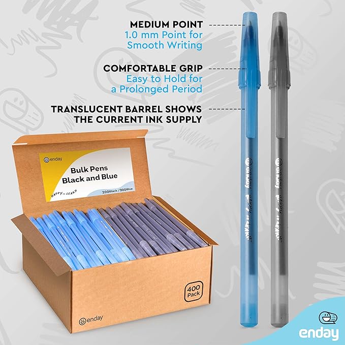 Enday Ballpoint Pens Bulk Blue and Black Pens (400 Pack) 200 Black & 200 Blue - Medium Point (1.0mm) Flexible Round Barrel For Writing Comfort, Pens Bulk for School, Home and Office.