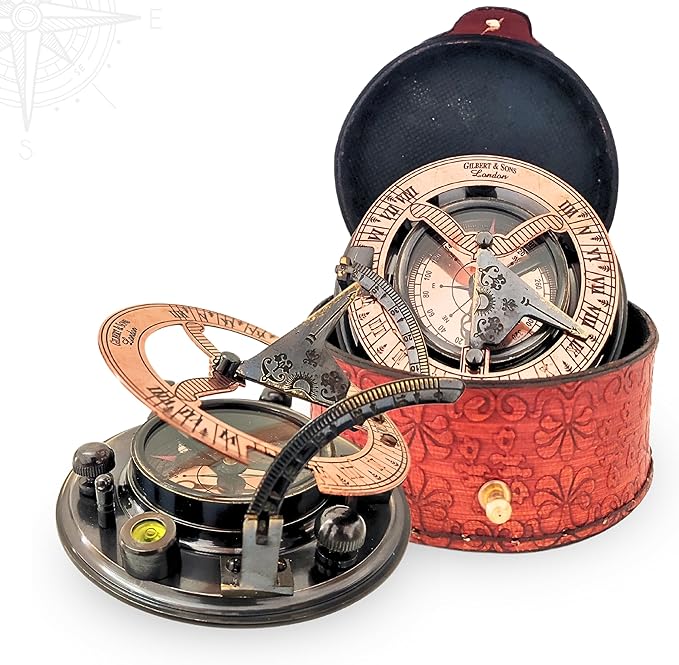 Antique Brass & Copper Sundial Compass, Sundial Clock in Box Gift Sun Clock Ship Replica Watch, Nautical Gifts for Men, Unique Nautical Decor, Naval Maritime Sundial (#5 Antique Gilbert)