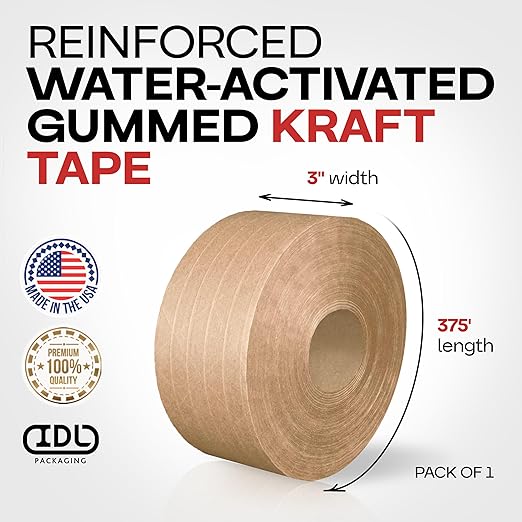 IDL Packaging 3" x 375 feet Reinforced Water-Activated Kraft Gummed Tape 70lb Thickness - Secure Paper Packing Tape for Secure Carton Sealing - Heavy-Duty for All Conditions, Brown