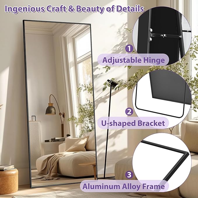 Full Length Mirror, 71"x32" Oversized Floor Mirror Freestanding, Full Body Mirror Floor Standing Mirrors with Stand, Hanging Mounted Mirrors for Bedroom Living Room, Black, Rect Style
