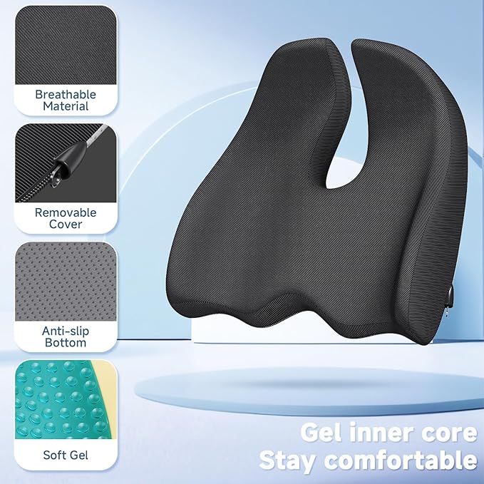 Benazcap X Large Gel Seat Cushion for Office Chair Ergonomic Cushions-Gel & Memory Foam Coccyx Butt Pillow for Sciatica & Back Pain Relief for Long Sitting for Gaming Chair and Car Seat-Black