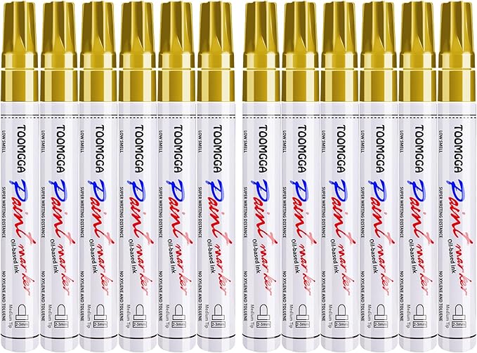Gold Paint Pens Permanent Paint Markers 12 Pack Oil Based Markers, Quick Drying and Waterproof Marker Pen, Car Tire, Metal, Rock Painting, Wood, Ceramic, Plastic, Canvas, Mugs, Medium Tip