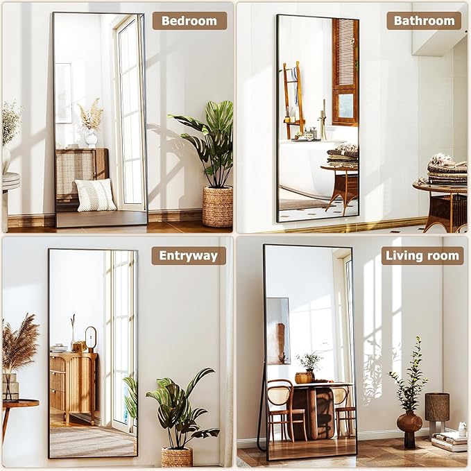 Full Length Mirror with Stand, 68"x24" Floor Mirror with Aluminum Alloy Frame, Full Body Mirrors,Free Standing or Wall-Mounted Mirrors for Living Room, Black