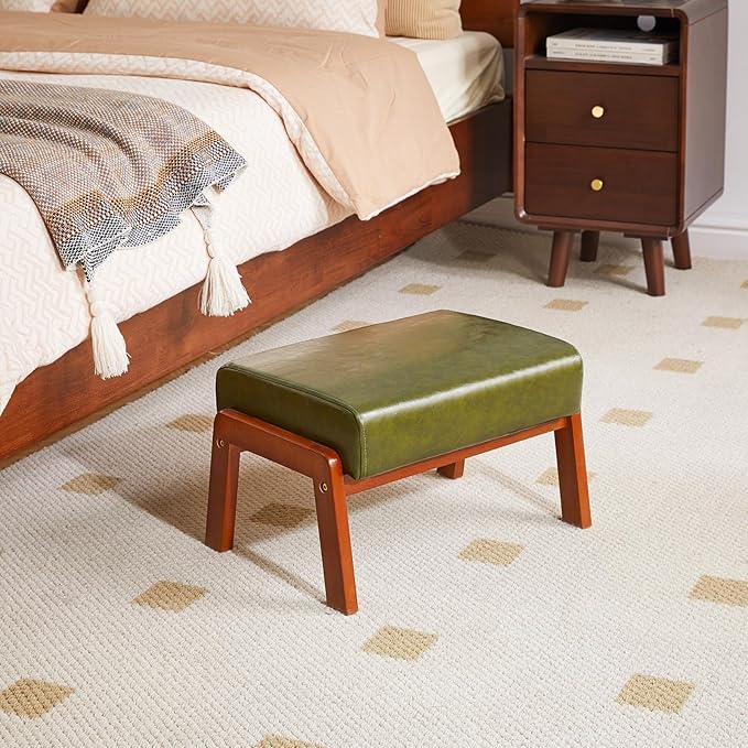 IBUYKE 10.2” H Small Foot Stool Ottoman, Rectangle PU Faux Leather Foot Rest with Padded Seat and Wood Legs, Modern Accent Ottoman Foot Rest for Living Room Bedroom Couch Office, Dark Green WBD013GR