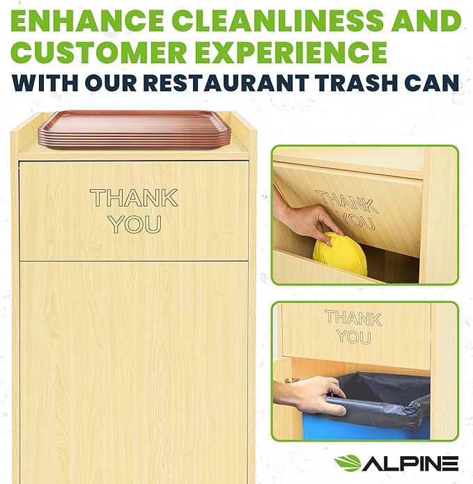 Alpine Restaurant Trash Can Cabinet with Tray Holder - Thank You Trash Can, Commercial 40 Gallon Garbage Can Cabinet for Restaurants, Cafeterias (Oak)