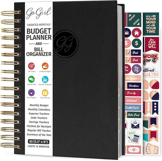 GoGirl Budget Planner & Monthly Bill Organizer – Monthly Financial Book with Pockets. Expense Tracker Notebook Journal, Compact (Black)