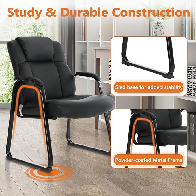 CLATINA Big & Tall 500 lb. Guest Chair, Leather Reception Chairs with Sled Base and Padded Arm Rest for Waiting Room Office Home and Meeting Conference-Black (8 Pack)