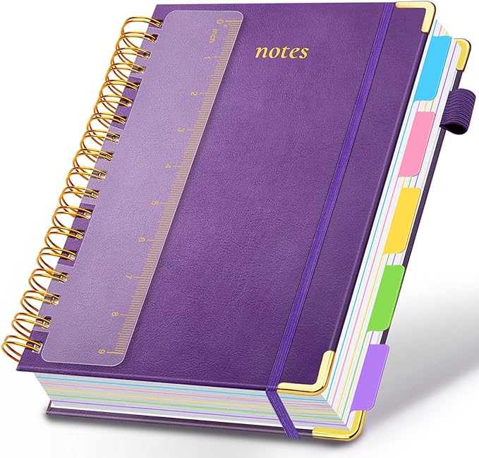 Hardcover Spiral Notebook 8"x10" Journal Notebook with Tabs and Removable Dividers 300 Pages 5 Subject Notebook College Ruled, Faux Leather Spiral Bound Notebook for Women, Students, School Work (Purple)
