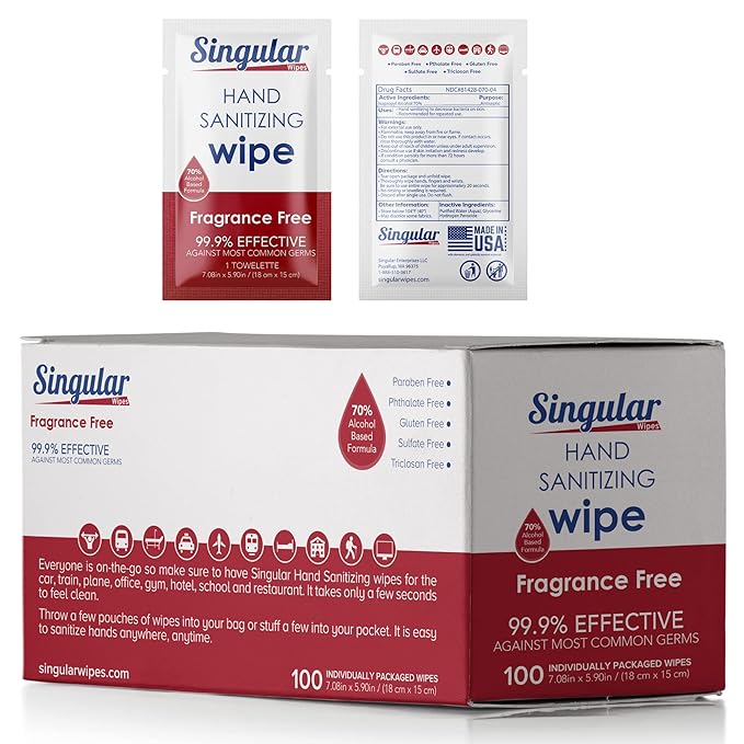 Hand Sanitizing Wipes Travel Size by Singular Wipes –100ct Individually Wrapped | Fragrance-Free, Moisturizing, 70% Isopropyl Alcohol Wipes | Travel, Home, Office, Daily Use | Made in USA