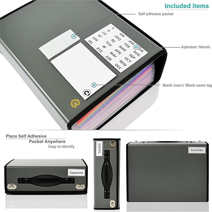 CNK Accordion File Folders with 24 Pockets Organizer for Document Paper Storage Folder Documents Expanding Binder Folio Pocket Receipt Filing Expandable Files Dividers Labels Letter Durable Handle