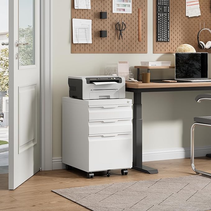 Bestoo 3 Drawer Mobile File Cabinet, Metal Filing Cabinets with Lock Wheels Under Desk, Lockable Rolling File Cabinet for Home Office, Fit Letter/Legal/A4 Size (White)