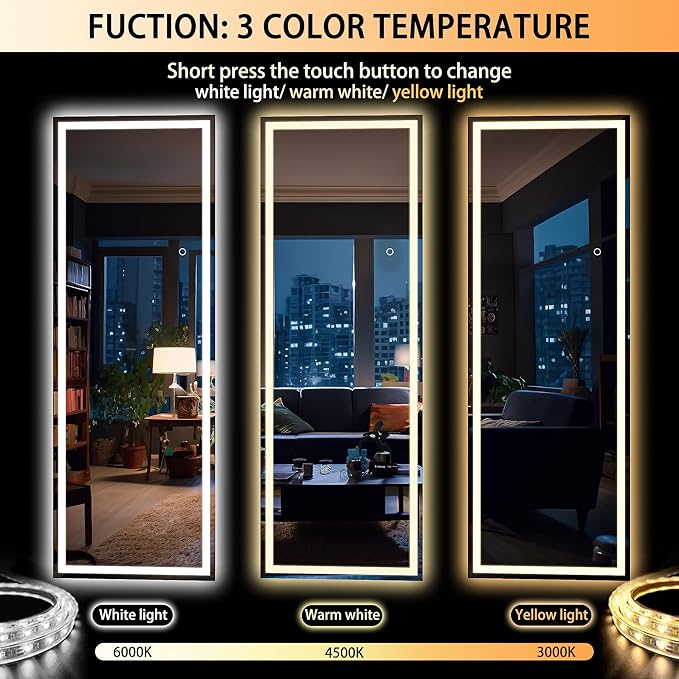 Hasipu Full Length Mirror with Lights, 65" x 21.7" LED Floor Mirror, Full Body Dressing Standing, Hanging Mounted Mirror for Living Room Bedroom Cloakroom, Square White