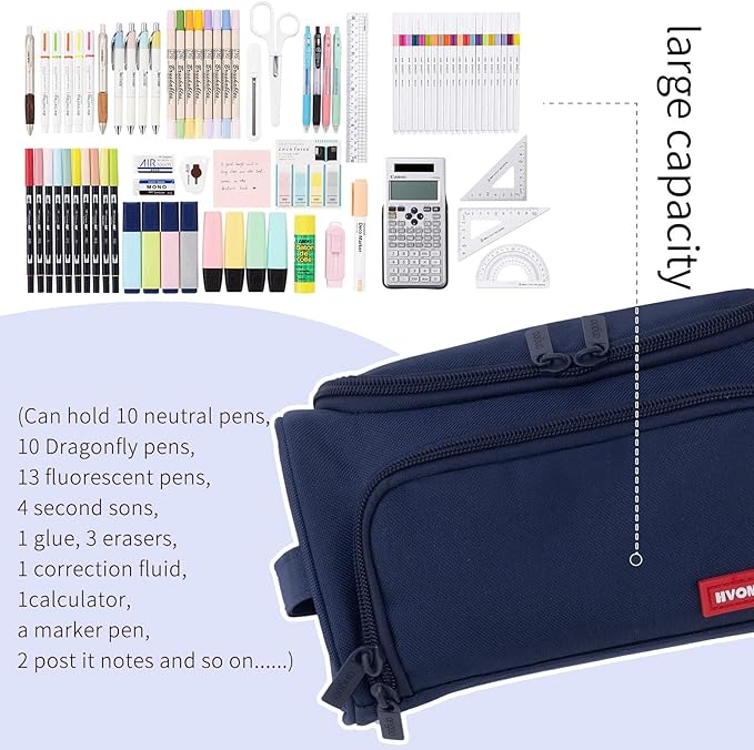 HVOMO Big Capacity Pencil Case High Large Storage Pouch Marker Pen Case Travel Simple Stationery Bag School College Office Organizer for Teens Girls Adults Student（Blue）