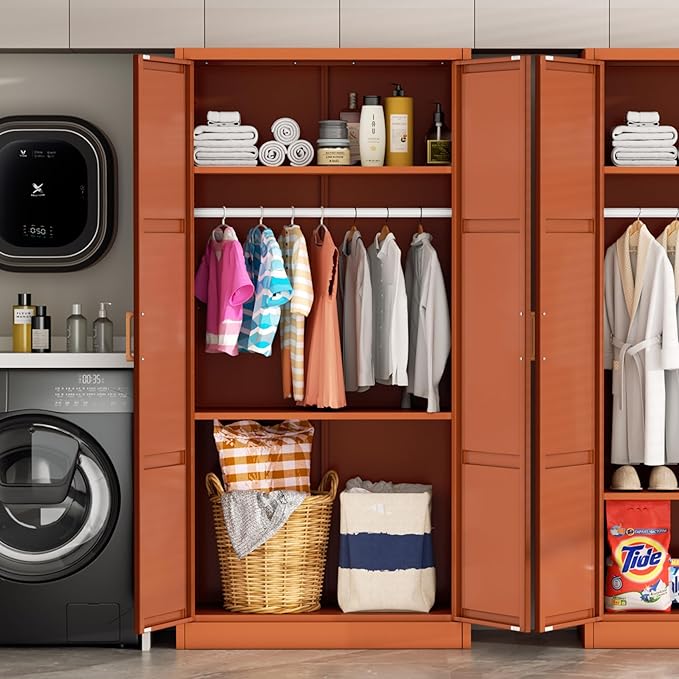 Greenvelly Metal Storage Wardrobe Cabinet, 72" Brown Metal Wardrobe Closet for Hanging Clothes with Doors and Shelves, Modern Steel Clothes Closet for Home, Office and Bedroom, School,Gym