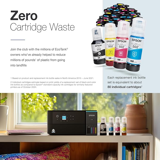 Epson EcoTank ET-2980 Wireless All-in-One Color Supertank Printer with up to 3 Years of Ink, Refillable Tanks, Perfect for Home, 15 PPM, 1.44" Color Screen, Auto 2-Sided Printing - Black