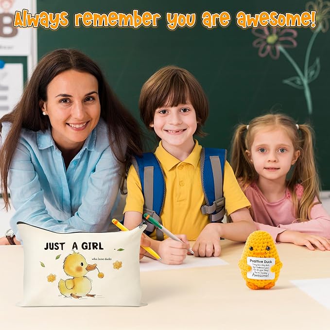 Ducks Gel Ink Pens - 10Pcs Happy Knitted Duck Stress Relief Stationery Set Little Yellow Duck Accessories Lovely Retractable Gel Pens Zipper Organizer Pen Pouch Kids' Birthday Party Favor Gift