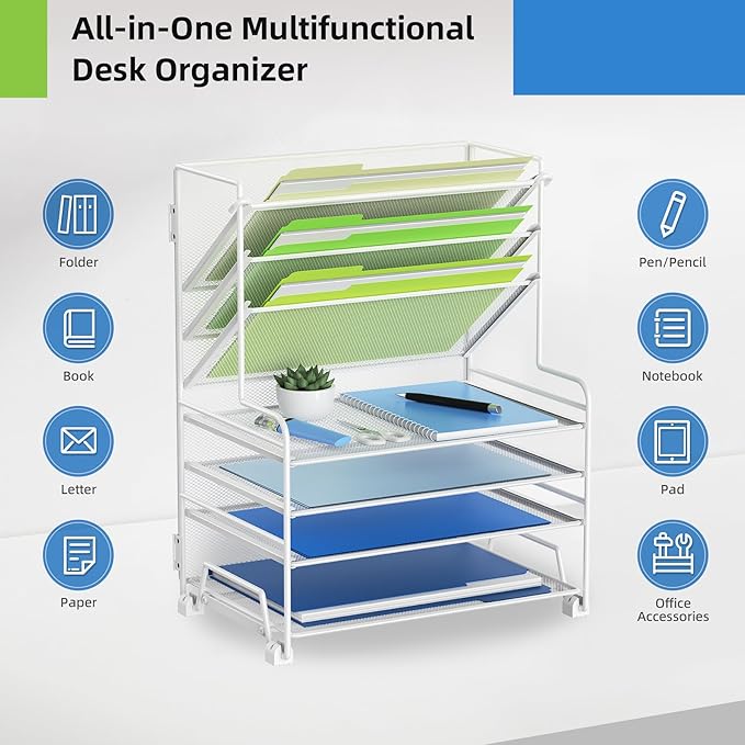 4-Tier Paper Organizer + 3-Pocket File Holder + Drawer + Pen Holders, Desktop File Organizers Paper Tray for Office Supplies School Classroom Organization (White, no Drawer & Pen Holder)