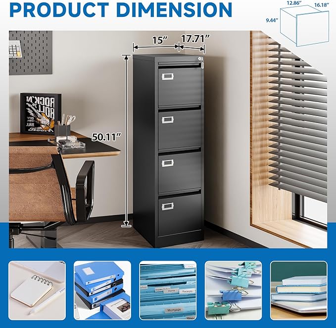 4 Drawer File Cabinet with Lock Metal Vertical File Cabinet Office Home Vertical File Cabinet for A4 Legal/Letter Size Narrow File Cabinet Locked,Assembly Required (Black, 4 Drawers- Vertical)