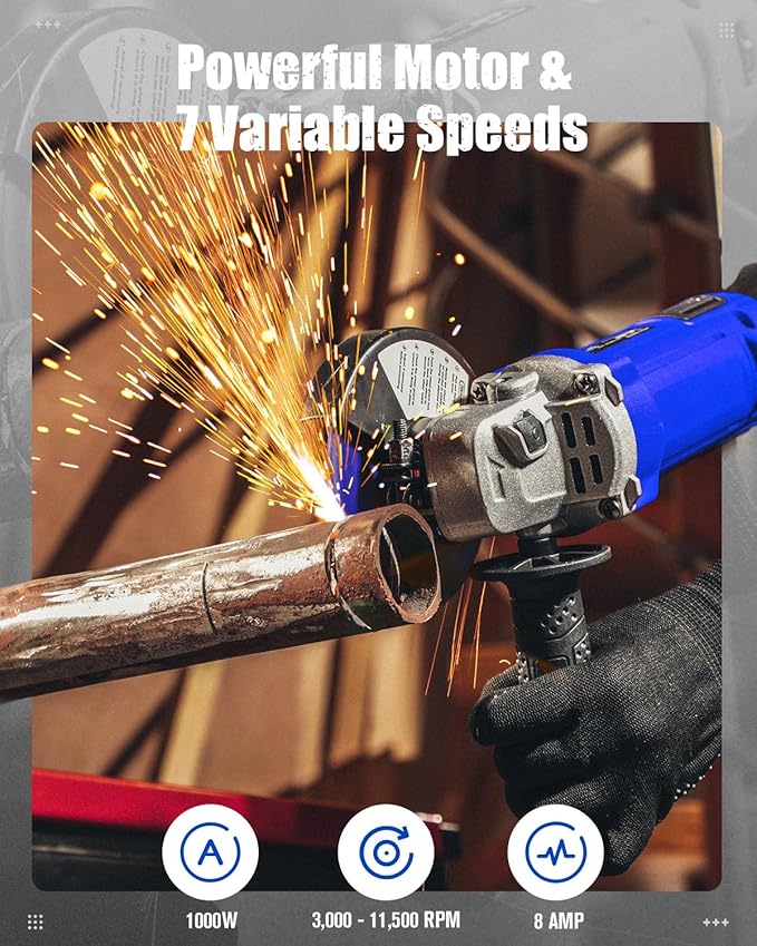 AVID POWER Angle Grinder 4-1/2 Inch 8.0 Amp 1000W Electric Grinder Tool 7-Variable-Speed Metal Grinder, 11,500 RPM, Paddle Switch with Lock-on Button, Cutting & Grinding Wheels and Side Handle - Blue