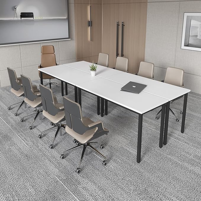 Bonzy Home Conference Tables 9ft Office Computer Desk for Meeting Room Study Writing Printer Podcast Table Save Space Design for 10 People Rustic Modern White 4PCS 110.2"x47.2"x29.5"