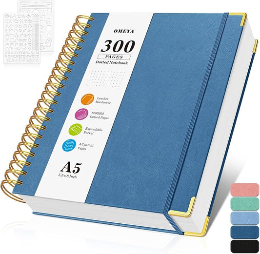 Bullet Dotted Journal Spiral Notebook, 300 Pages Leather Notebooks with Contens, 120 GSM Thick No Bleed Through Paper Journals, A5 Dot Grid Notebook for Women Men Work Writing, 5.5" x 8", Dark Blue