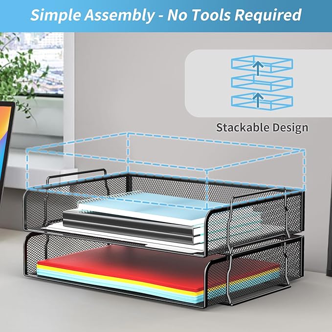 2 Tier Stackable Letter Tray, Metal Mesh File Storage Desktop Organizer for Home Office, Black