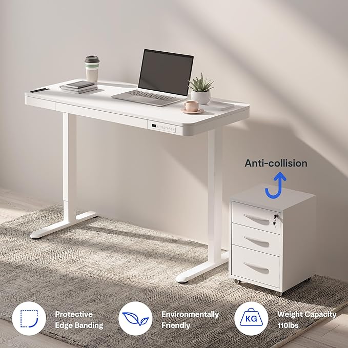 FLEXISPOT Comhar Electric Standing Desk with Drawers Charging USB A to C Port, Height Adjustable 48" Whole-Piece Home Office Computer Laptop Table with Storage (White Top + Frame)