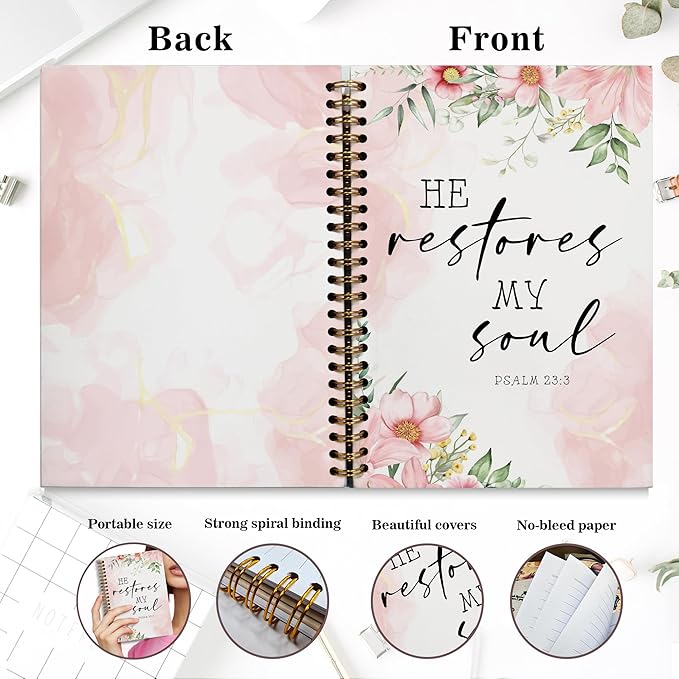 Bible Notebook, A5 Spiral Christian Journal with Floral Pink Butterfly Notebook, Bible Verse-He Restores My Soul, Inspirational Notebooks for Women, Bible Study, Gift for Birthday Christmas, Office Supplies (Light pink)