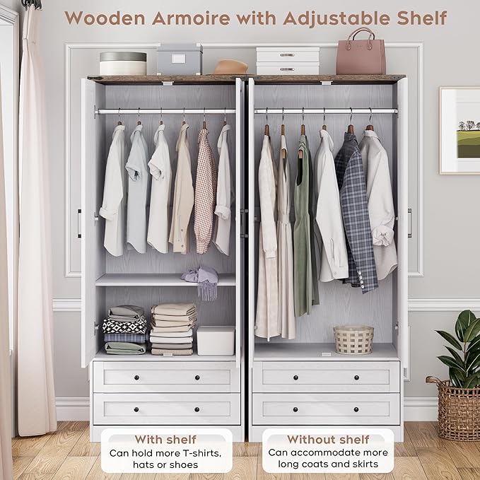 Brafab Armoire Wardrobe Closet with 2 Modern Doors, 71" Tall Freestanding Closet Wardrobe Cabinet with Drawers and Hanging Rail, Light Wooden Storage Cabinet with Shelve for Bedroom (White, 4 Doors)