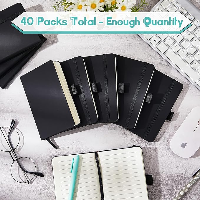 40 Pieces Small Notebooks A6 Pocket Journals 3.5 x 5.5 Inch Small Leather Notebook Mini Ruled Lined Journal with Elastic Band Pen Holder Page Marker Ribbons (Black)