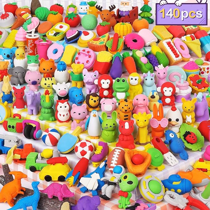 Arscniek 140 Pack Animal Erasers for Kids, Take Apart Mini Pencil Erasers, Desk Pets & Treasure Box Toys, Bulk Party Favors, Stocking Stuffers, Classroom Prizes, School Supplies, Gift for Boys & Girls