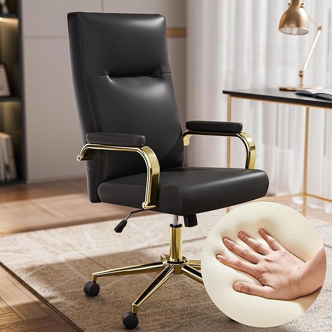 Black and Gold Office Chair Memory Foam, High Back Office Chair with Arms and Wheels, Leather Executive Computer Desk Chair with Back Support for Women Girls and Adults
