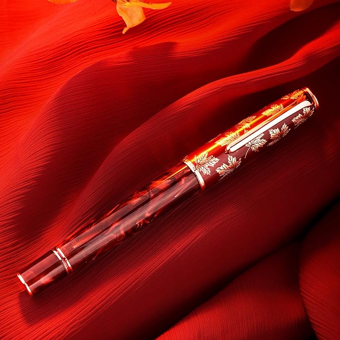 Hongdian N8 Fountan Pen, Iridium Fine Nib, Rose Gold Trim Maple Leaf Carving Cap Red Acrylic Resin, Smooth Writing Pen with Converter and Metal Pen Box Set