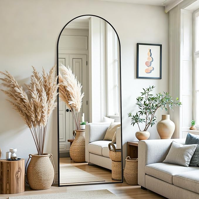 Full Length Mirror, 71"x26" Oversized Floor Mirror Freestanding, Full Body Mirror Floor Standing Mirrors with Stand, Hanging Mounted Mirrors for Bedroom Living Room, Black, Arched Style