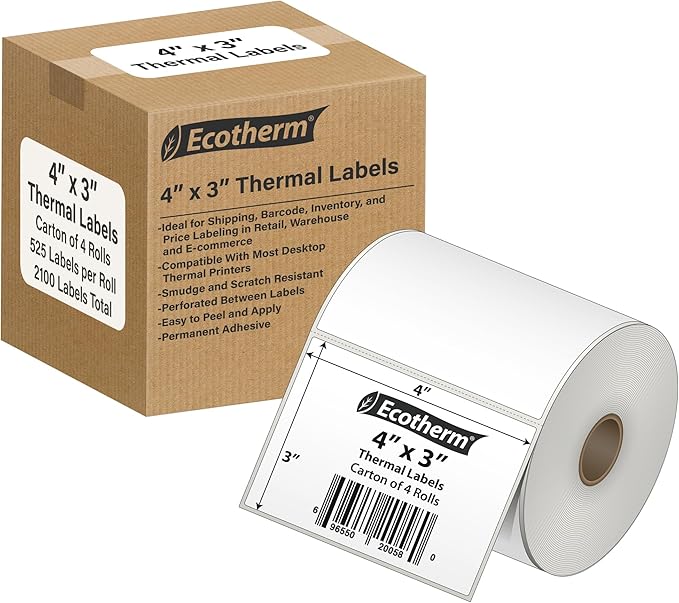 4" x 3" Thermal Labels | 4 Rolls | 2100 Labels | fits Zebra, Munbyn, Rollo, Godex, Arkscan, iDPRT, Offnova Thermal Label Printers and More | Blank White Adhesive Stickers by Ecotherm