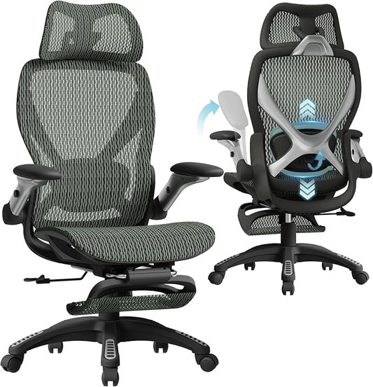 ELABEST X100 Ergonomic Office Chair with Footrest, Big and Tall Home Desk Chair with 5D Flip-Up Arms, Adjustable 6D Lumbar Support,High Back Rolling Computer Chair, Swivel Mesh Chairs (Forest Ranger)