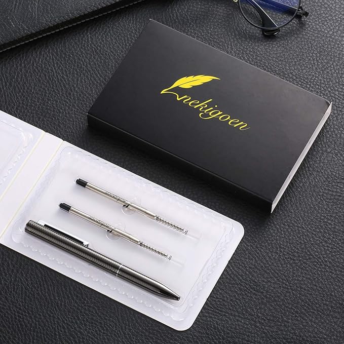 Ballpoint Pen with Gift Box for Men Women,Luxury Stainless Steel Retractable Pen Executive Home Office Use, and 2 Extra Refills Black Ink 1.0mm B2 (Dark Gray)